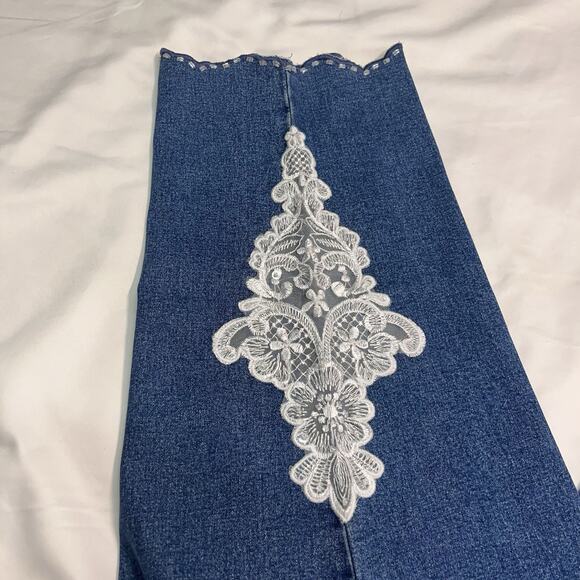 Quacker Factory Medium Denim Capris With Lace Cutouts And Beading Trim - Picture 8 of 11